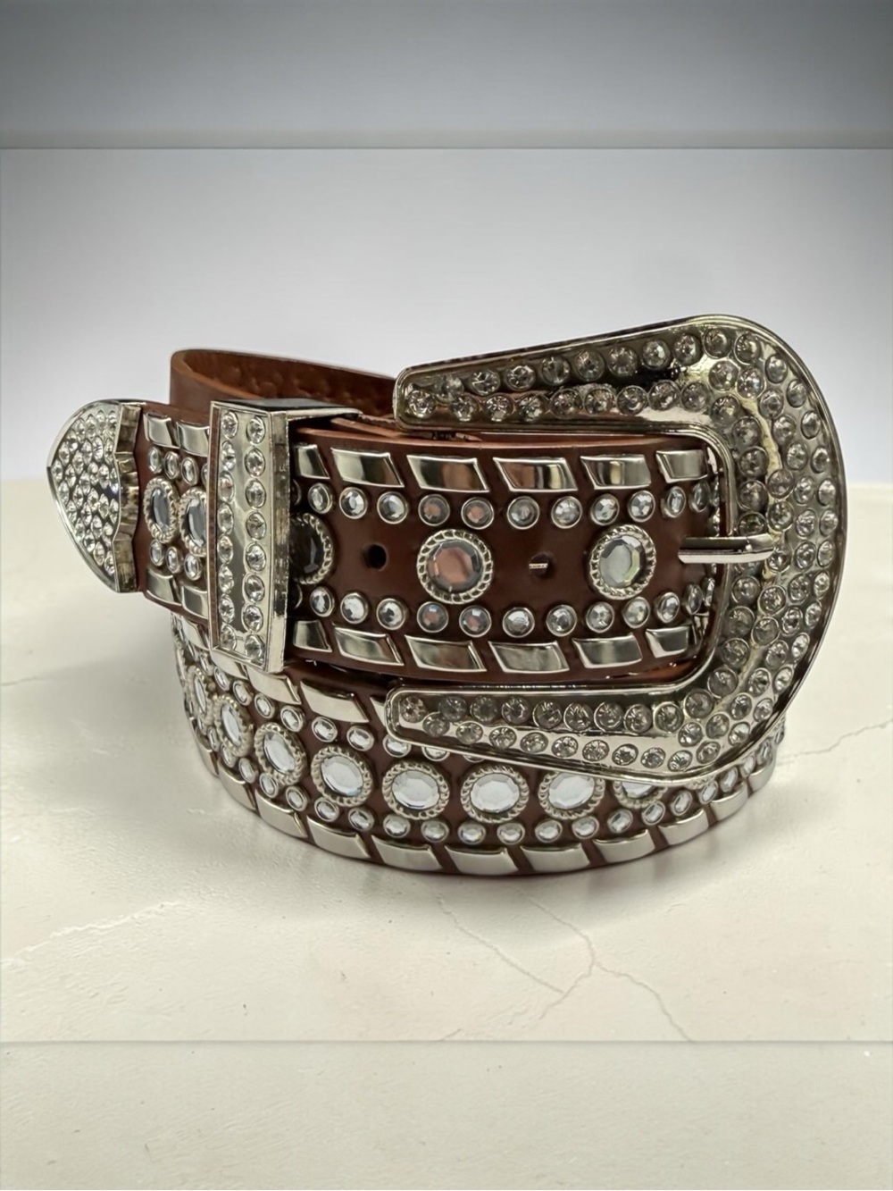 CTM 50118 Western Rhinestone Faux Leather Belt Brown Bling 2XL 40-44 READ
